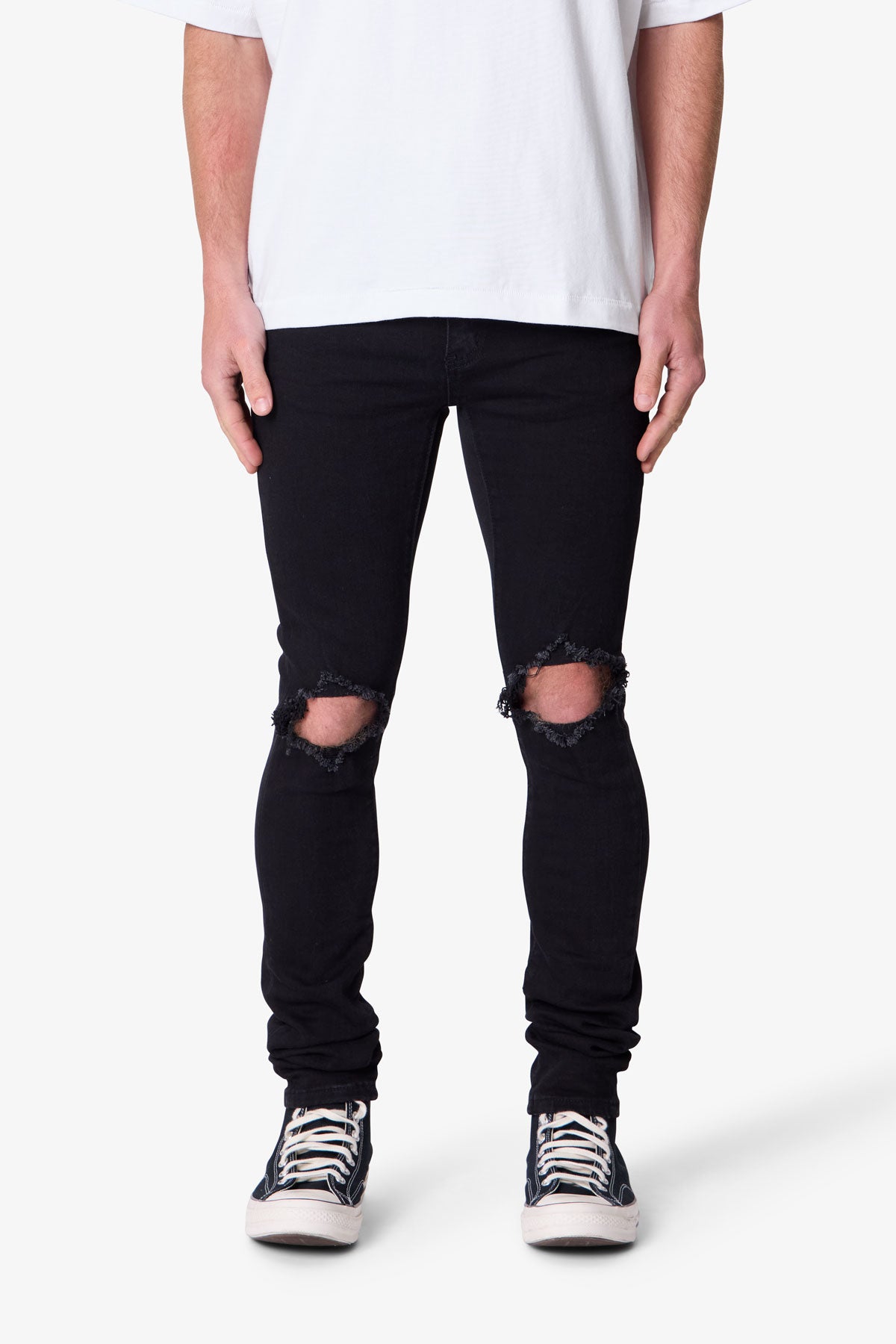 Herren Skinny Jeans Schwarzer Waschung Stretch-Denim mit Knie-Rissen und Verlängertem Beinabschluss