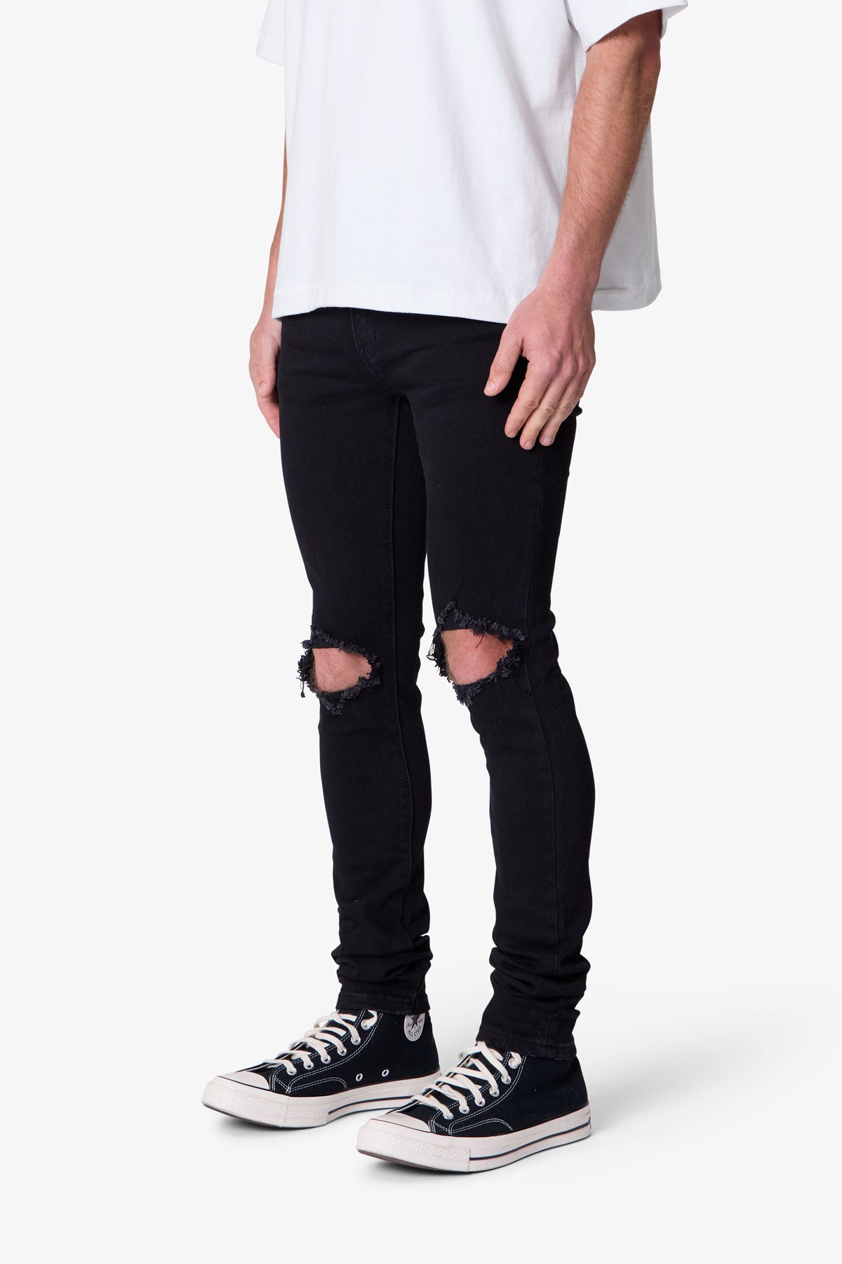 Herren Skinny Jeans Schwarzer Waschung Stretch-Denim mit Knie-Rissen und Verlängertem Beinabschluss
