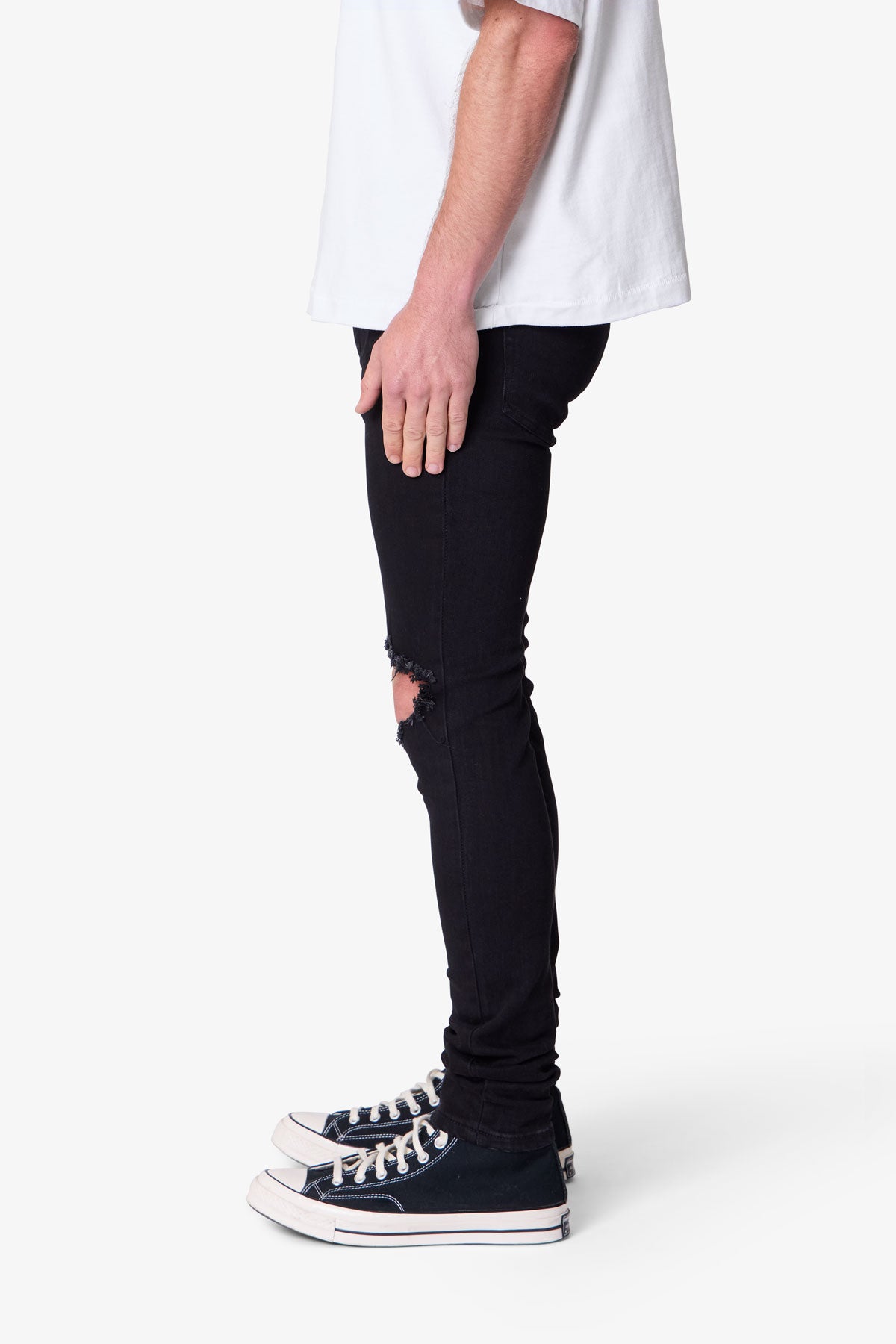 Herren Skinny Jeans Schwarzer Waschung Stretch-Denim mit Knie-Rissen und Verlängertem Beinabschluss