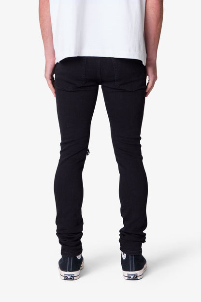 Herren Skinny Jeans Schwarzer Waschung Stretch-Denim mit Knie-Rissen und Verlängertem Beinabschluss
