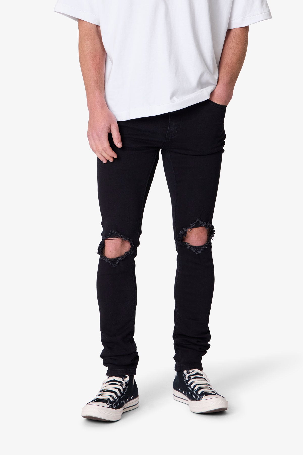 Herren Skinny Jeans Schwarzer Waschung Stretch-Denim mit Knie-Rissen und Verlängertem Beinabschluss