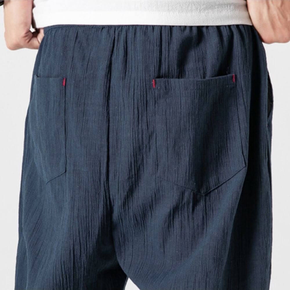 Dunkelblaue, locker sitzende Hose mit zwei Gesäßtaschen, aus strukturiertem Stoff. Ideal für lässige Mode und bequeme Freizeitkleidung.