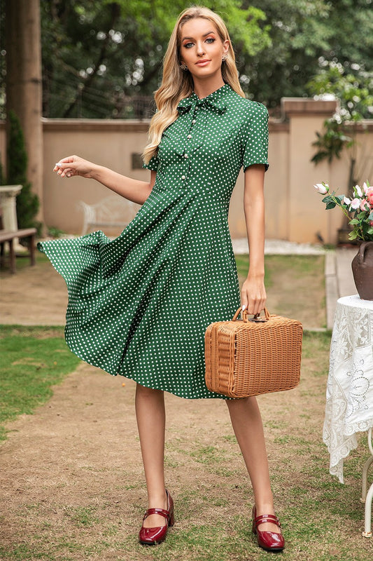 Damen-Kleid im Vintage-Stil mit Polka-Dots, kurzen Ärmeln und A-Linien-Schnitt