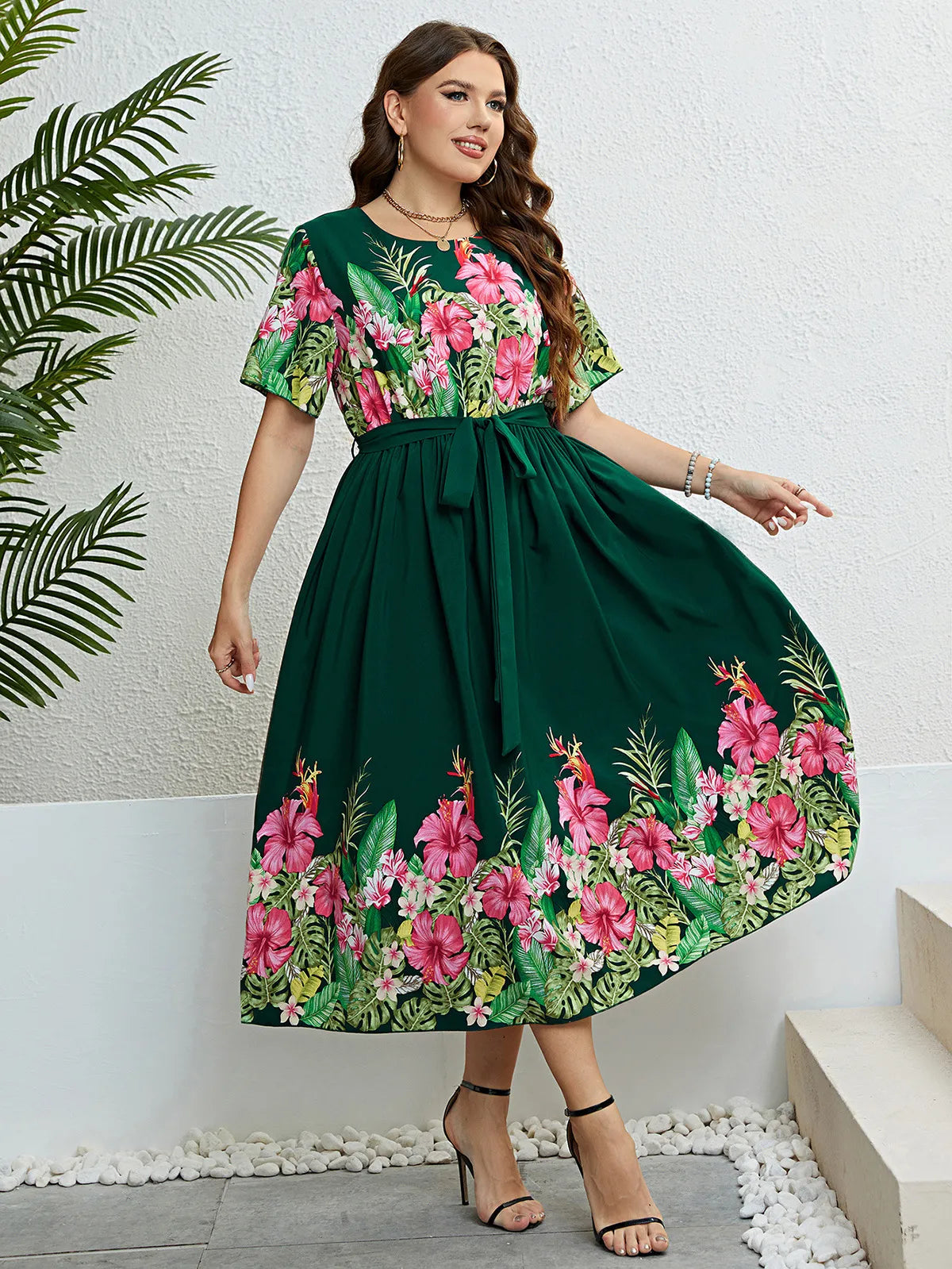 Damen Sommerkleid Grün mit Print, A-Linie und Schnürung – Rundhals Style