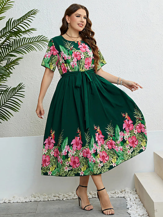 Damen Sommerkleid Grün mit Print, A-Linie und Schnürung – Rundhals Style