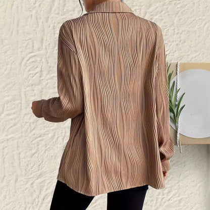 Women's Plus-Size Long-Sleeve Shirt with Turn-Down Collar and Button Placket