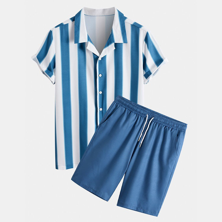Herren Kurzarmhemd Und Shorts, Zweiteiliges Set Aus Baumwoll-Polyester-Mischgewebe, Freizeitoutfit, In Grün Und Blau Erhältlich