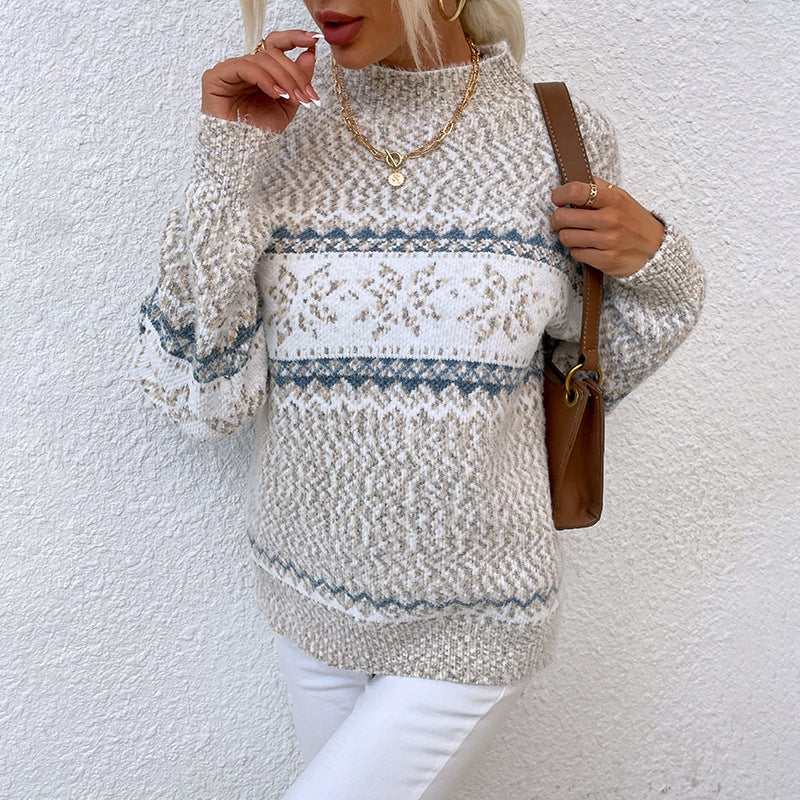 Women's sweater with half turtleneck, jacquard snowflake pattern, and long sleeves