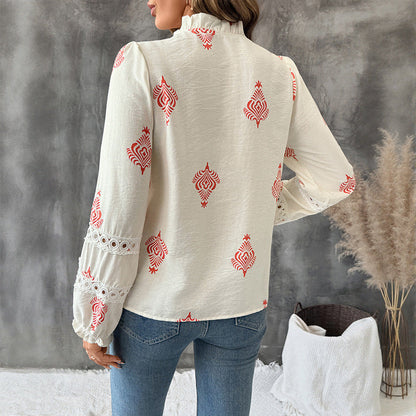 Women's Long-Sleeve Shirt with Ethnic Pattern and Standing Collar