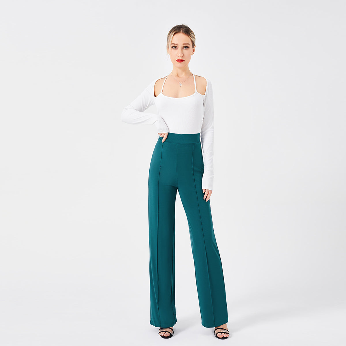 Damen Hochtaillen-Slim-Schlaghose in Unifarbe