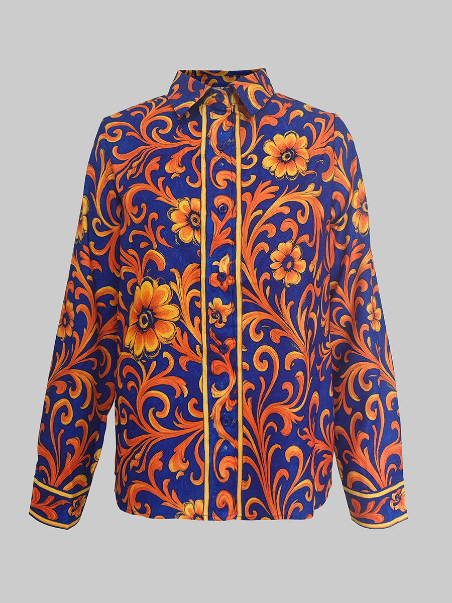 Women's Spring Blouse with Floral Pattern and Button Closure