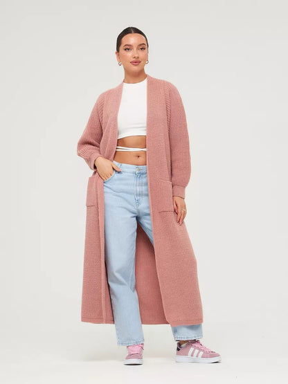 Langer Damen-Strickcardigan mit offenen Front und Taschen