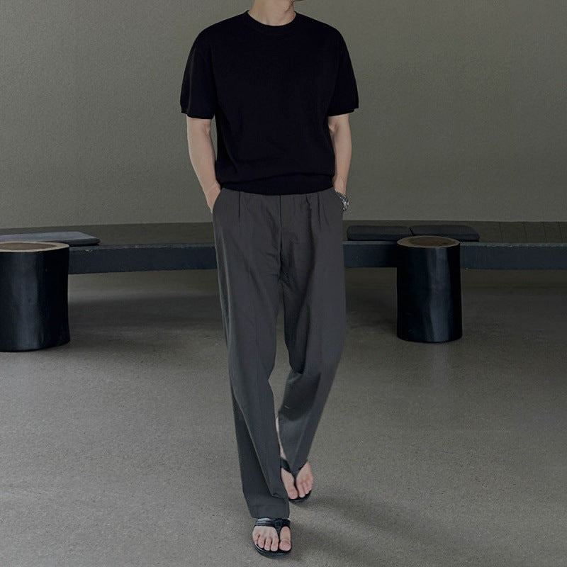 Men's casual pants with straight cut, mid-rise waist, solid color, loose fit, for everyday wear