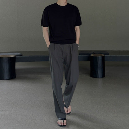 Men's casual pants with straight cut, mid-rise waist, solid color, loose fit, for everyday wear