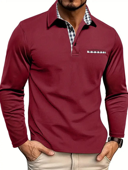 Herren Langarm Poloshirt Mit Kariertem Kragen Und Tasche