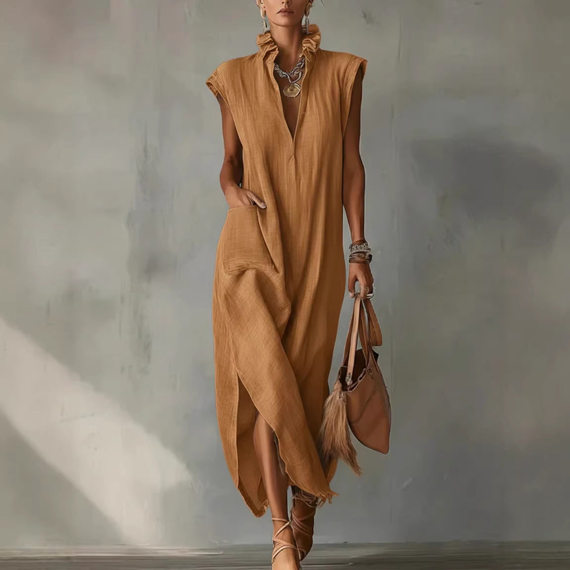 Ärmelloses, Einfarbiges Hemdkleid Im Baumwoll-Leinen-Stil Für Damen – Mittellang, Locker Geschnitten
