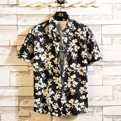 Herren Sommerhemd Mit Blumenmuster, Kurzarm, Reverskragen, Schmaler Passform, Cardigan-Stil, Mehrfarbig