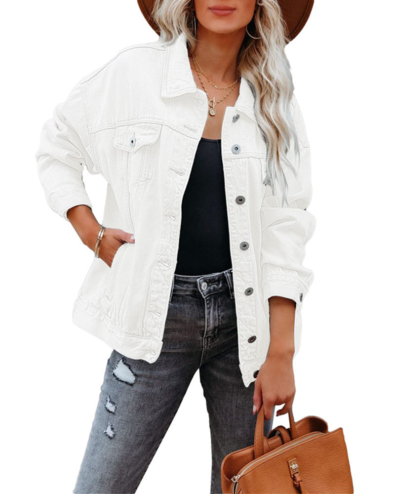 Damen Kurzjacke mit Schalkragen und Oversized-Passform – Denim-Mix Stil