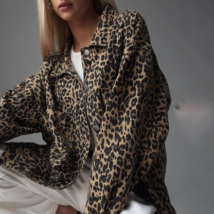 Women's denim-mix jacket with leopard print and long sleeves