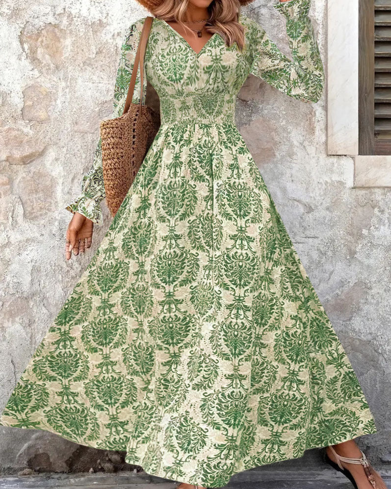 Damen Herbstkleid Mit Print, V-Ausschnitt, Langen Ärmeln Und Weitem Saum, Pullover Im Streetstyle