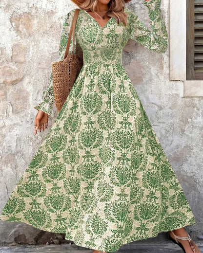 Damen Herbstkleid Mit Print, V-Ausschnitt, Langen Ärmeln Und Weitem Saum, Pullover Im Streetstyle
