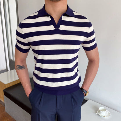Herren Sommer Kurzarmhemd Mit Streifenmuster, Flockdruck, Dunkelblau, Normale Passform, Dünne