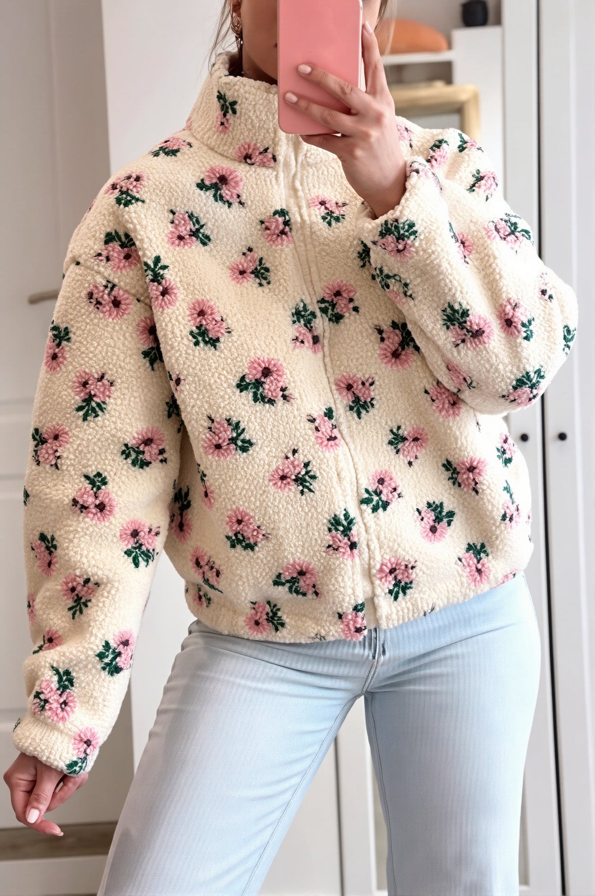 Damen-Teddyfleecejacke mit floralem Blumenmuster und praktischem Reissverschluss