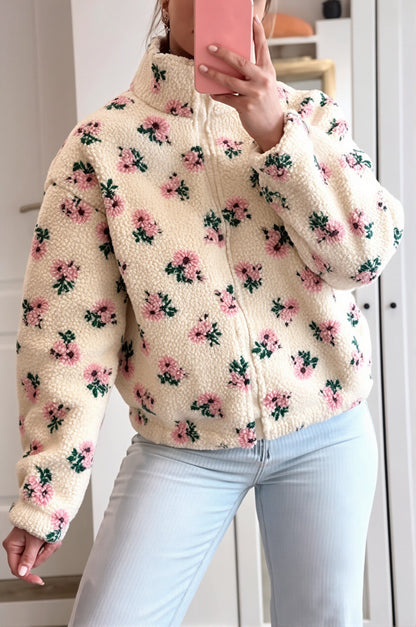 Damen-Teddyfleecejacke mit floralem Blumenmuster und praktischem Reissverschluss