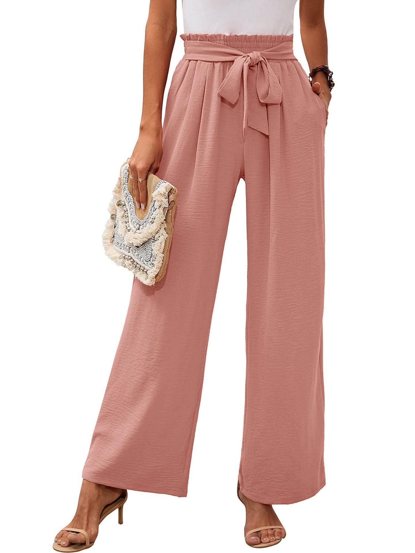 Damen-Hose mit hohem Bund, geknotetem Bund und weitem Bein – Klassischer Stil