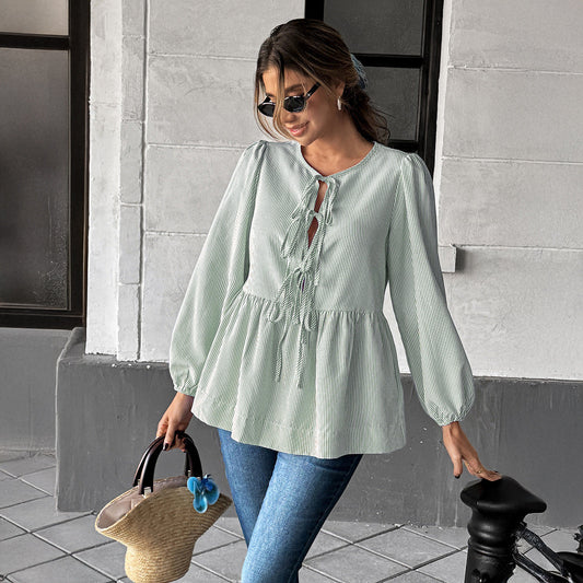Women's Striped Long-Sleeve Shirt with Tied Front and Lantern Sleeves