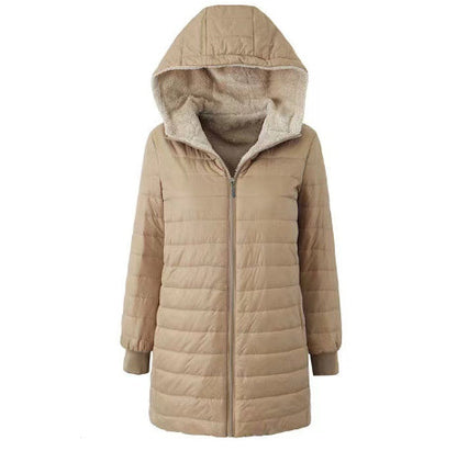 Women's winter jacket with hood and fleece lining – mid-length and fitted