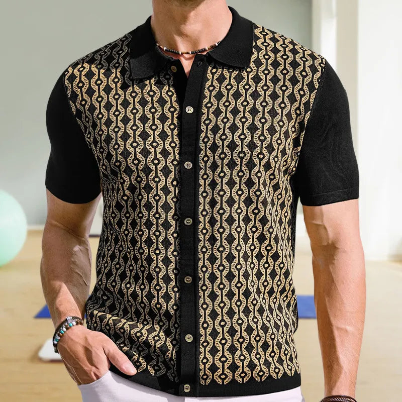 Herren-Cardigan Mit Kurzen Ärmeln, Reverskragen, Geometrischem Jacquard-Muster, Beflockt, Knopfleiste