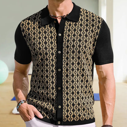Herren-Cardigan Mit Kurzen Ärmeln, Reverskragen, Geometrischem Jacquard-Muster, Beflockt, Knopfleiste