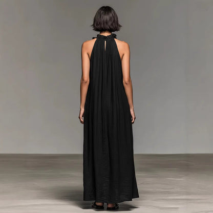 Ärmelloses Maxikleid Im Resort-Stil Mit Neckholder Und Rüschenbesatz – Seidenartiges Tragegefühl