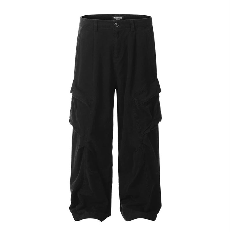 Men's Work Pants with Wide Legs, Multiple Pockets, Straight Fit, Mid-Rise Waist, and Belt