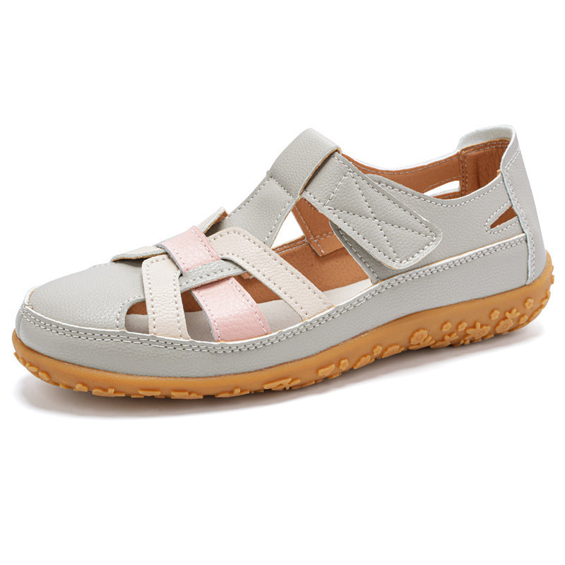 Retro-Sandalen Für Damen Mit Klettverschluss, Flacher Form, Runder Zehenpartie Und Weicher Sohle