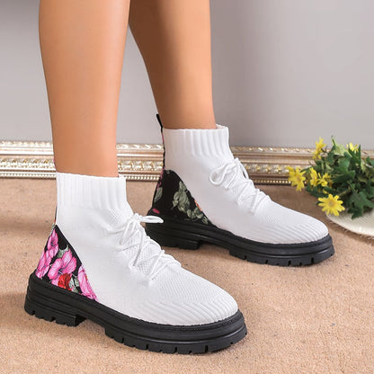Women's Autumn Winter Ankle Boots High-Top Sock Design with Flat Rubber Sole