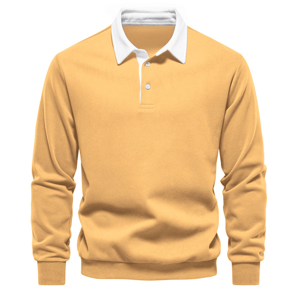 Gelbes Poloshirt mit weißem Kragen, langärmlig, aus Baumwolle. Modisches Herrenoberteil, ideal für Freizeit und Business. Elegantes Design.