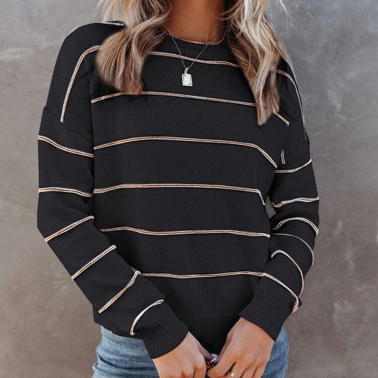 Women's sweater with stripes, round neckline, and long sleeves