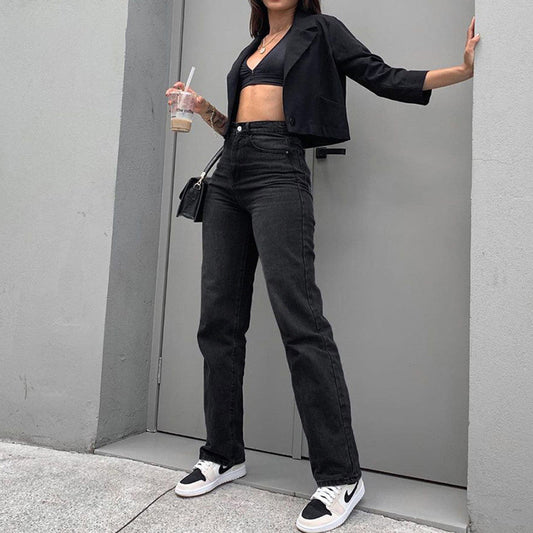Damen-Jeans mit hohem Bund und geradem Bein, Schwarz – Baumwoll-Mix Stil