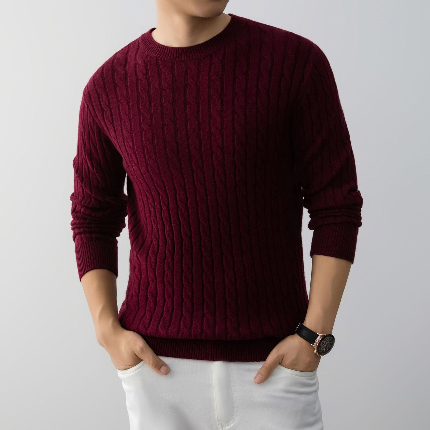 Herren Jacquard Pullover Lockerer Schnitt Langarm – Woll-Mischung