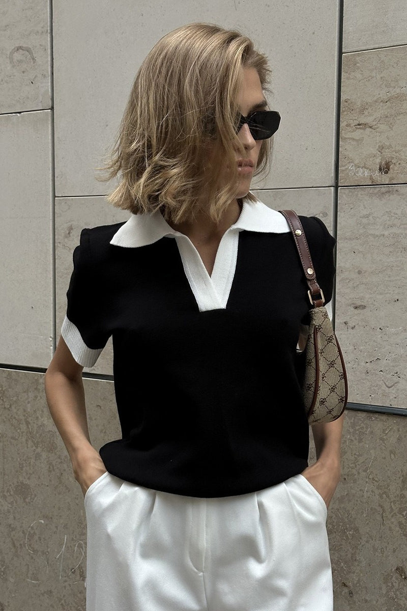 Damen Polo-Strickpullover in Schwarz und Weiss, Vorderansicht