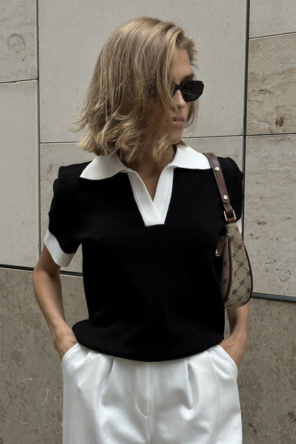 Damen Polo-Strickpullover in Schwarz und Weiss, Vorderansicht