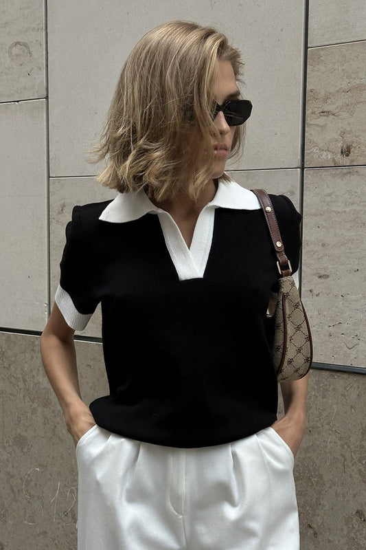 Damen Polo-Strickpullover in Schwarz und Weiss, Vorderansicht