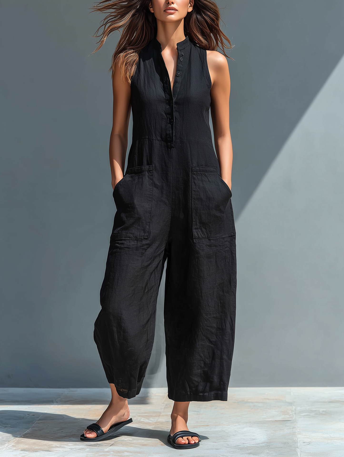 Damen Ärmelloser Jumpsuit mit Stehkragen – Knopfleiste Lockerer Schnitt