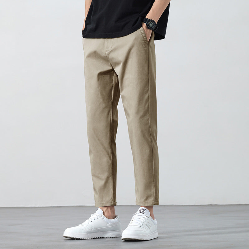 Men's Summer Cropped Straight Leg Mid Waist Micro Elastic Casual Pants Solid Color Lightweight Trousers