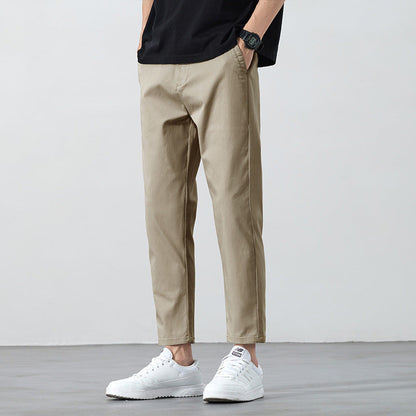 Men's Summer Cropped Straight Leg Mid Waist Micro Elastic Casual Pants Solid Color Lightweight Trousers