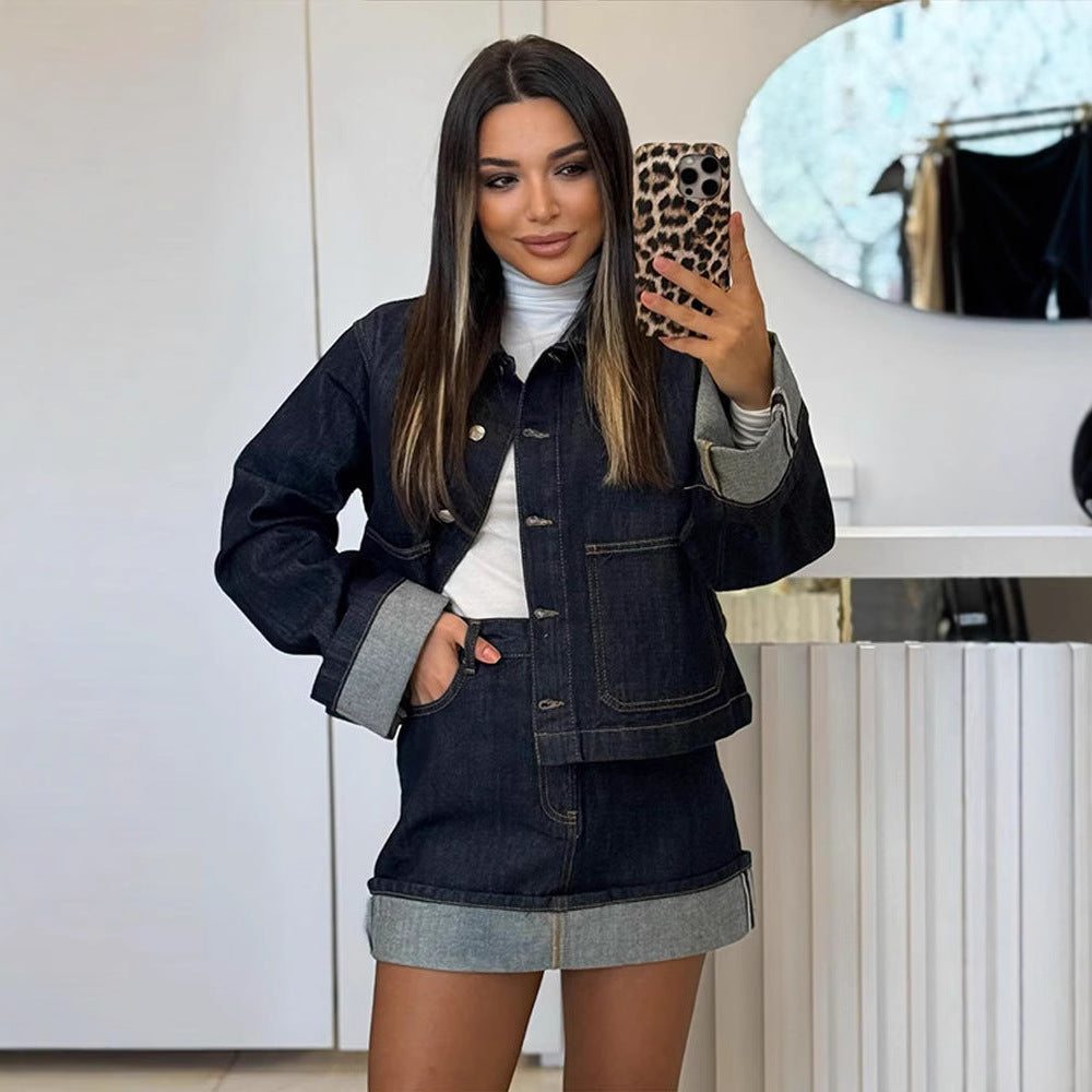 Women's short jacket with polo collar and button placket – denim mix style