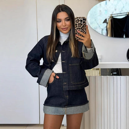Women's short jacket with polo collar and button placket – denim mix style