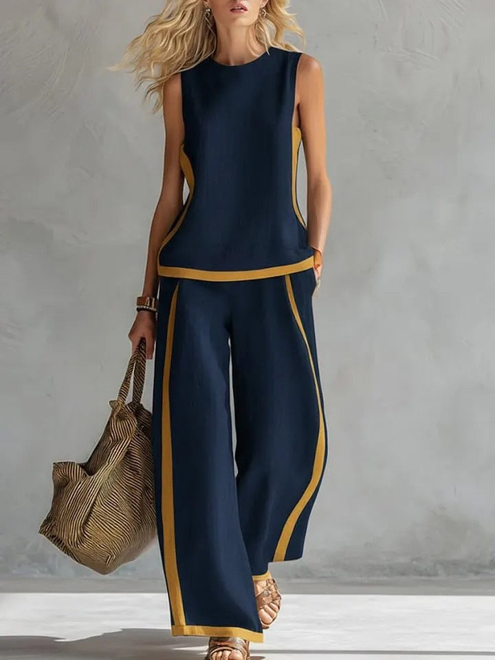 Ärmelloses Damen-Top Mit Rundhalsausschnitt Und Hochgeschnittener, Weit Geschnittener Hose – Farbblock-Design